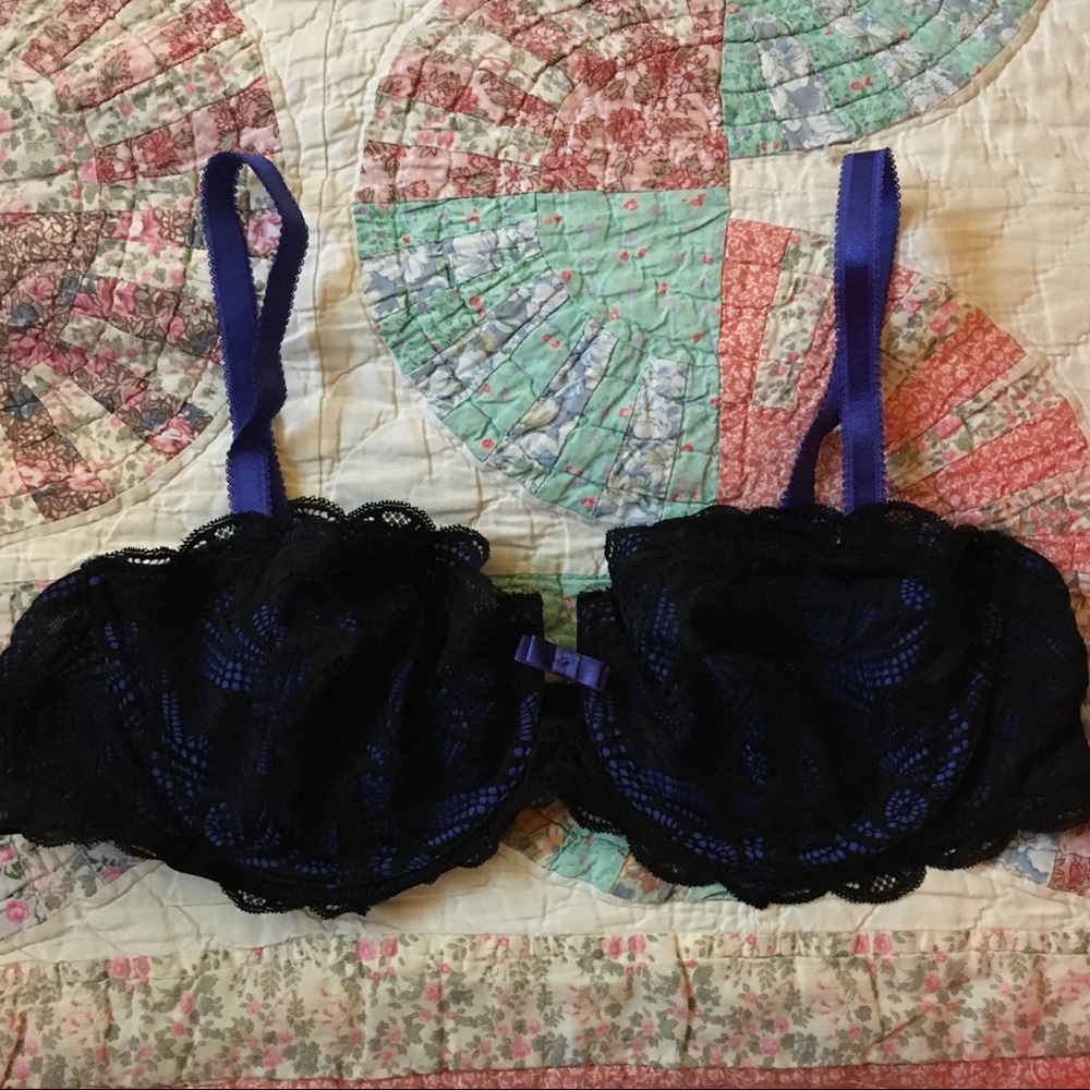 Adore Me Unlined Black and Blue Lace Bra 42C